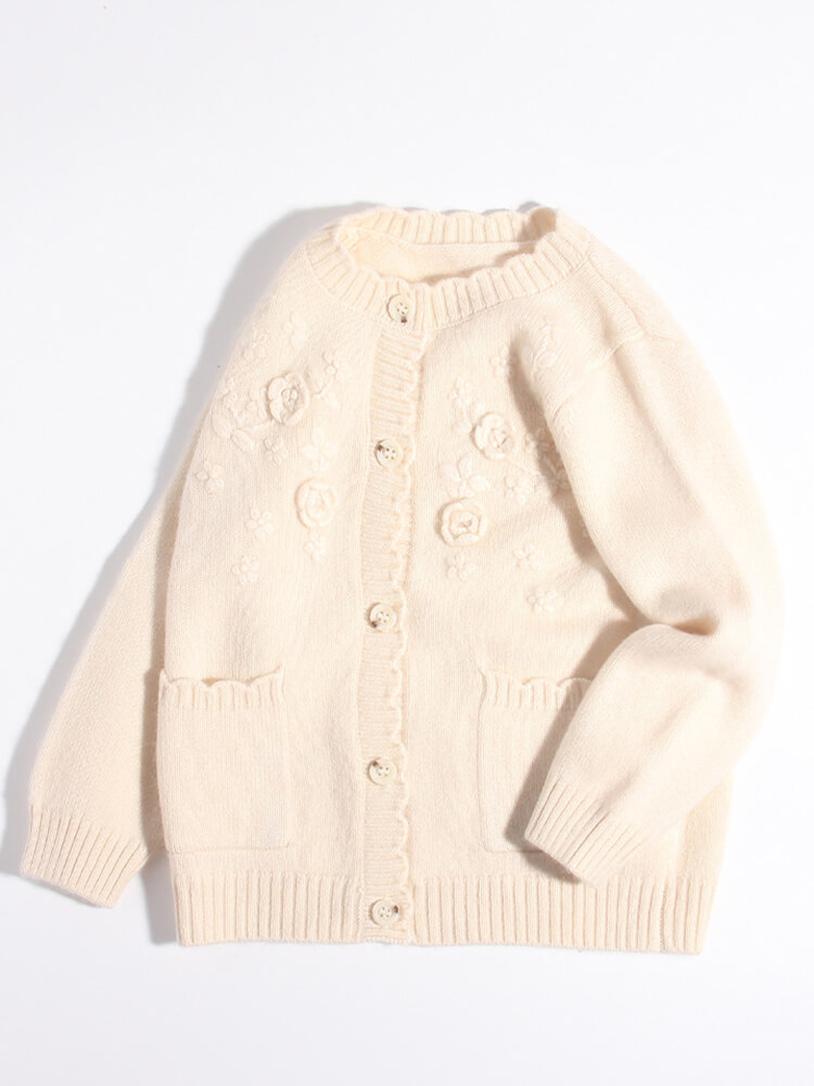 Embroidered Flower Girls Ivory Cashmere Cardigan with Pockets